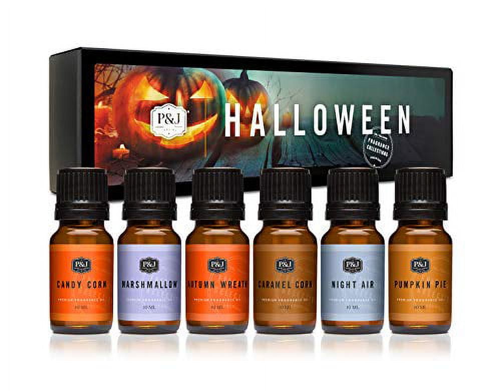 P&J Halloween Set of 6 Fragrance Oils - Premium Grade Scented Oil - 10ml - Autumn Wreath, Pumpkin Pie, Candy Corn, Marshmallow, Night Air, Caramel Corn