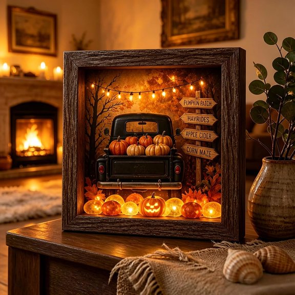 Halloween Shadow Box Black Cat Night Light Sea Glass Art Frame, 3D Wooden Memory Box with Warm Orange Purple Glowing Pebbles, Spooky Full Moon Gothic Tabletop Decor Bedroom Nightstand Gift