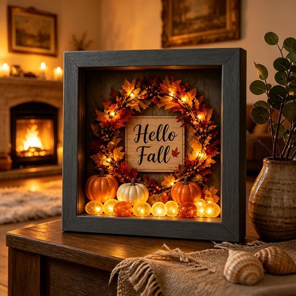 Halloween Shadow Box Black Cat Night Light Sea Glass Art Frame, 3D Wooden Memory Box with Warm Orange Purple Glowing Pebbles, Spooky Full Moon Gothic Tabletop Decor Bedroom Nightstand Gift