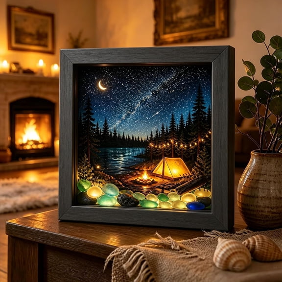 Halloween Shadow Box Black Cat Night Light Sea Glass Art Frame, 3D Wooden Memory Box with Warm Orange Purple Glowing Pebbles, Spooky Full Moon Gothic Tabletop Decor Bedroom Nightstand Gift