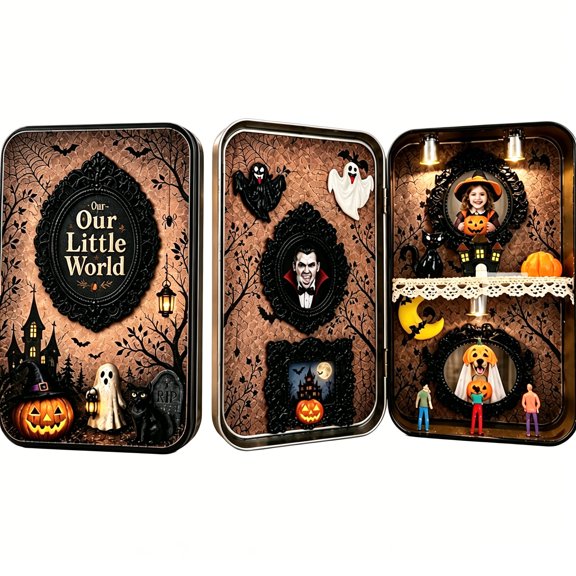 Halloween Shadow Box DIY Photo Display Kit, Foldable Metal Tin Memory Frame with LED Lights Mini Figurines for Tabletop Decor, Craft GiftCoffee