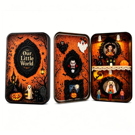 Halloween Shadow Box DIY Photo Display Kit, Foldable Metal Tin Memory Frame with LED Lights Mini Figurines for Tabletop Decor, Craft GiftOrange