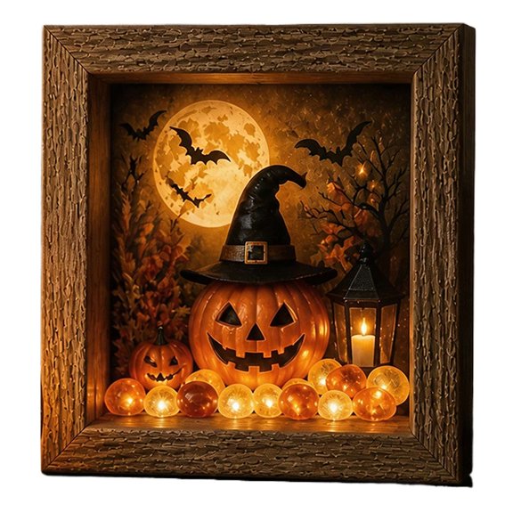 Halloween Shadow Box Frame DIY Lighted Craft Kit, Create Your Own Spooky Ghost & Pumpkin Scene, Gothic Light Up Memory Box Display Case for Home Office Shelf Mantel Decorations