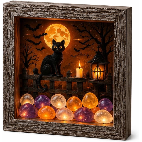 Halloween Shadow Box Frame DIY Lighted Craft Kit, Halloween Decorations Indoor, Memory Box Display Case with Crystal Glass & Wooden Frame, LED Night Light Gothic Decor (Moon)