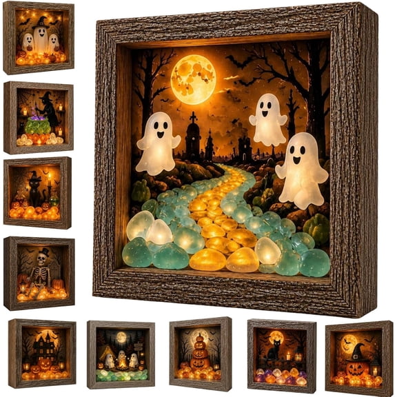 Halloween Shadow Box Frame DIY Lighted Craft Kit, Sea Glass Box Decorations Indoor with Crystal Glass and Wooden Frame, LED Night Light Gothic Decor for Home Office (CC5)