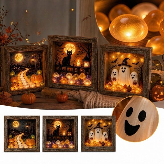 Halloween Shadow Box Frame DIY Lighted Craft Kit, Shadow Box with Light, Wood Frame LED Memory Box with Sea Glass Stones, LED Night Light Gothic Decor for Summerween, 1 Pack