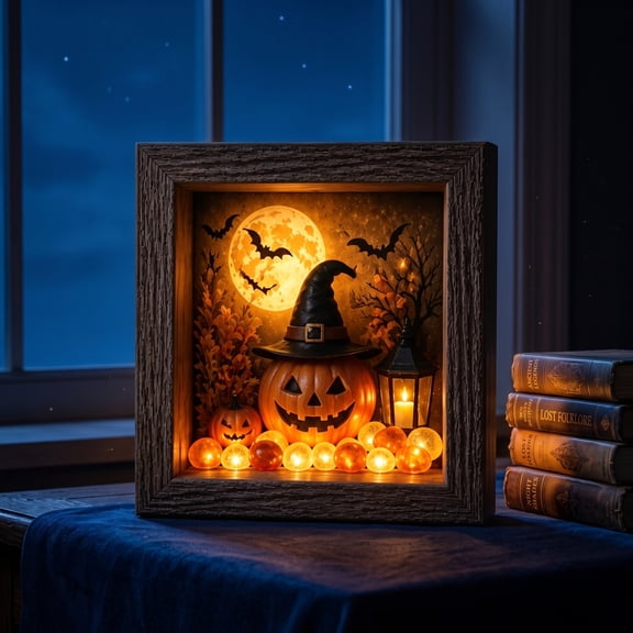 Halloween Shadow Box Frame DIY Lighted Craft Kit,Wooden Display Case with Crystal Glass & LED Night Light,Halloween Decorations Indoor,Wood Ghost DIY Frames Decorating,Memory Box,Gothic Decor(H)