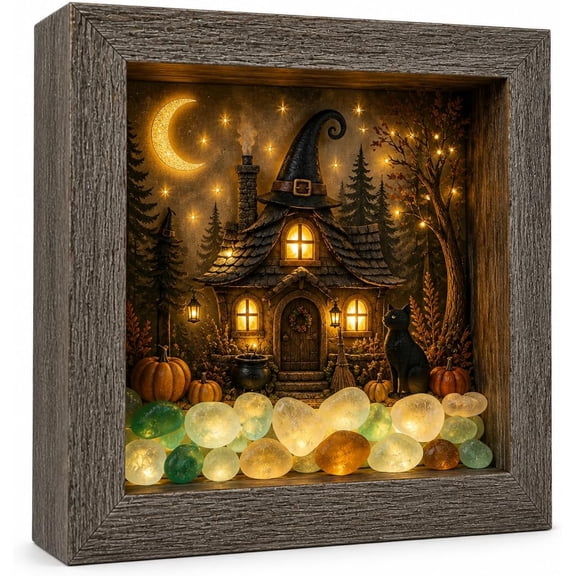 Halloween Shadow Box Frame Night Light, 8.5x8.5 Inch Rustic Wood LED Memory Box Craft Set, Assorted Sea Glass Stones, Multi Spooky Scene for Mantel & Shelf Decoration