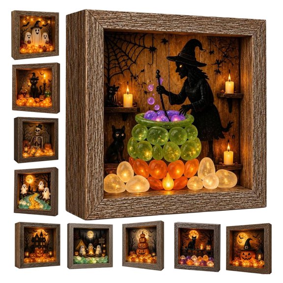 Halloween Shadow Box Frame Night Light DIY Lighted Craft Kit Halloween Sea Glass Box Decorations Indoor Memory Box Display Case with Crystal Glass & Wooden Frame LED Night Light Gothic Decor,K