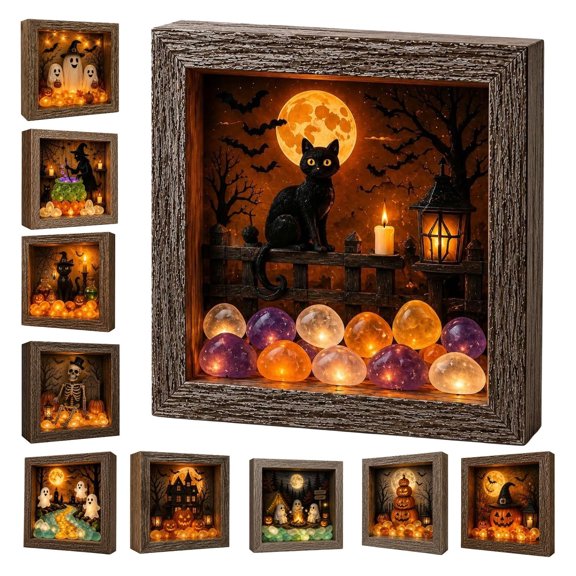 Halloween Shadow Box Frame Night Light DIY Lighted Craft Kit Halloween Sea Glass Box Decorations Indoor Memory Box Display Case with Crystal Glass & Wooden Frame LED Night Light Gothic Decor,C