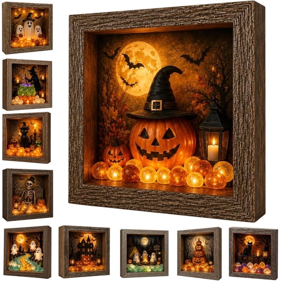Halloween Shadow Box Frame Night Light, DIY Lighted Craft Kit Halloween Wooden Lighted Display Box, Multi-Purpose Memory Photo Box Gothic Indoor Holiday Decor F