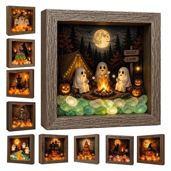 Halloween Shadow Box Frame Night Light Frame LED Memory Box with Sea Glass Stones Halloween Wooden Lighted Display Case DIY Lighted Wooden Frame Gothic Home Seasonal Night Light,E