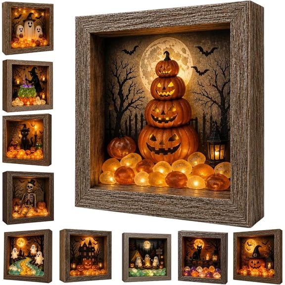 Halloween Shadow Box Frame Night Light,Halloween Memory Box Display Case,DIY Lighted Stacked Pumpkin Shadow Box with Sea Glass, LED Night Light for Indoor Party Decor