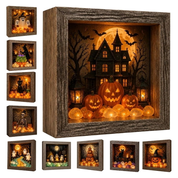 Halloween Shadow Box Frame Night Light Halloween Shadow Box Frame DIY Lighted Memory Box Halloween Wooden Lighted Display Case with Sea Glass Stones Gothic Indoor Wall & Table Decor,F