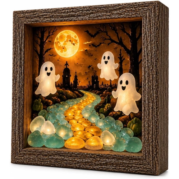 Halloween Shadow Box Frame Night Light, Retro LED Night Light with Witch Ghost Pumpkin Design, Antique Wooden Frame and Pebbles, Gothic Desktop Home Decor Accent (cc5)