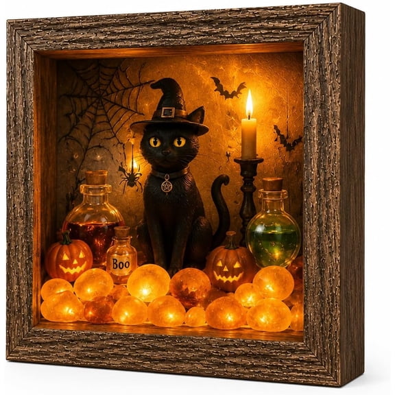 Halloween Shadow Box Frame Night Light, Retro LED Night Light with Witch Ghost Pumpkin Design, Antique Wooden Frame and Pebbles, Gothic Desktop Home Decor Accent (cc7)