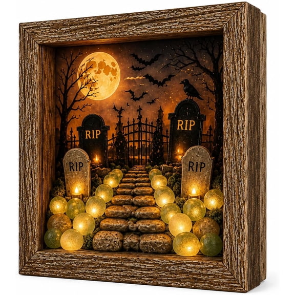Halloween Shadow Box Frame Night Light, Retro LED Night Light with Witch Ghost Pumpkin Design, Antique Wooden Frame and Pebbles, Gothic Desktop Home Decor Accent (cc3)
