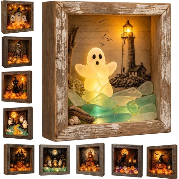 Halloween Shadow Box Frame Night Light,Spooky Cute Coastal Ghost Shadow Box,DIY Halloween Lighthouse Night Light, Sea Glass Wooden Frame for Farmhouse Decor