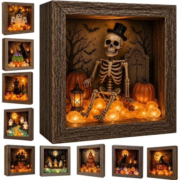 Halloween Shadow Box Frame Night Light,Spooky Skeleton Shadow Box Frame,DIY Sea Glass LED Night Light, Gothic Memory Box Display for Home Office Desk Decor