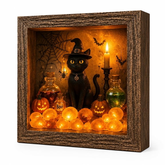 Halloween Shadow Box Frame with LED Light, Crystal Glass Wooden Night Light, Gothic Indoor Decor for Home Mantel Shelf Table