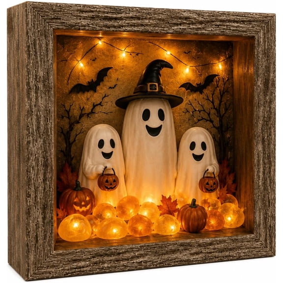 Halloween Shadow Box Skeleton Night Light DIY Craft Kit, 3D Wooden Frame Led Glowing Tombstone Orange Pumpkins, Spooky Gothic Tabletop Home Bedroom Decorative Festival Art Ornaments Gifts