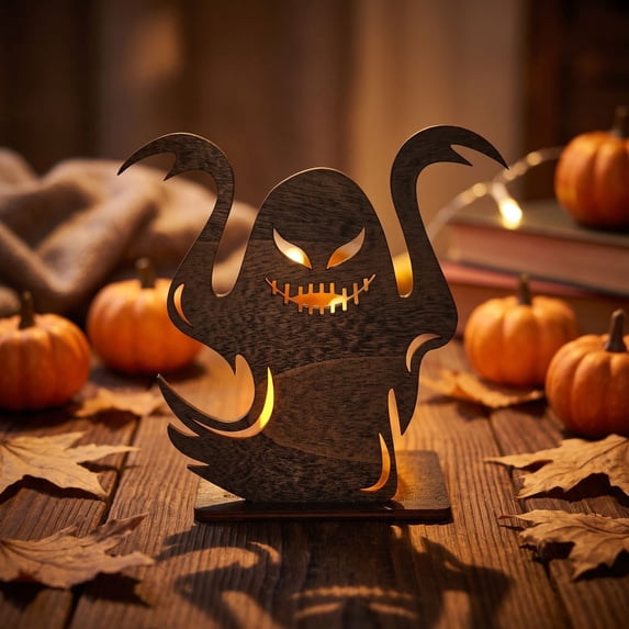 Halloween Shadow Candle Holder, Black Metal Spooky Silhouette Tealight Stand, Hollow Cutout Projection Decor for Table Mantel Halloween Party Home Decoration