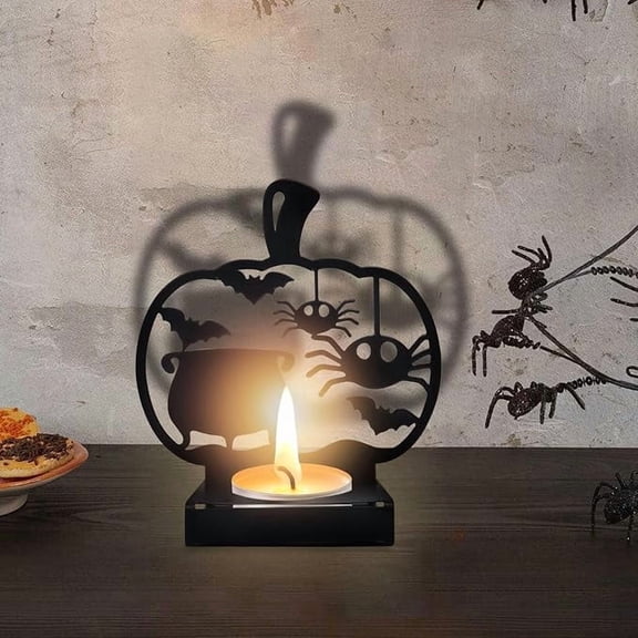 Halloween Shadow Candle Holders Pumpkin Spider Candle Shadow Spooky Metal Candlestick Holders Decorations Vintage Tealight Candle Holders with Shadow for Halloween Party Supplies