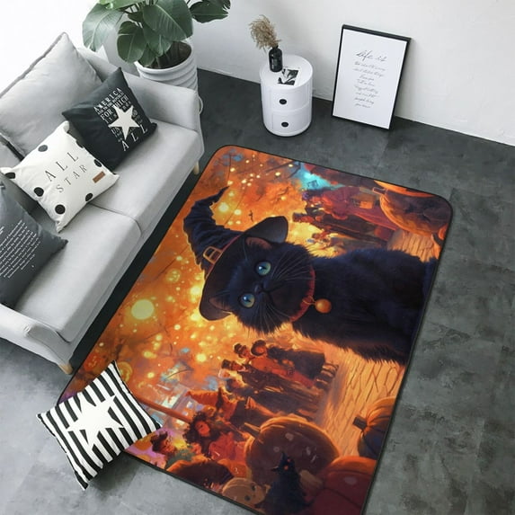 Halloween Shaggy Rugs for Living Room, Halloween Witch Hat Black Cat Market Area Rug for Bedroom, Non Slip Carpet Floor Cover Mat, Washable Rug Kids Room Nursery Halloween Decor 80x58in