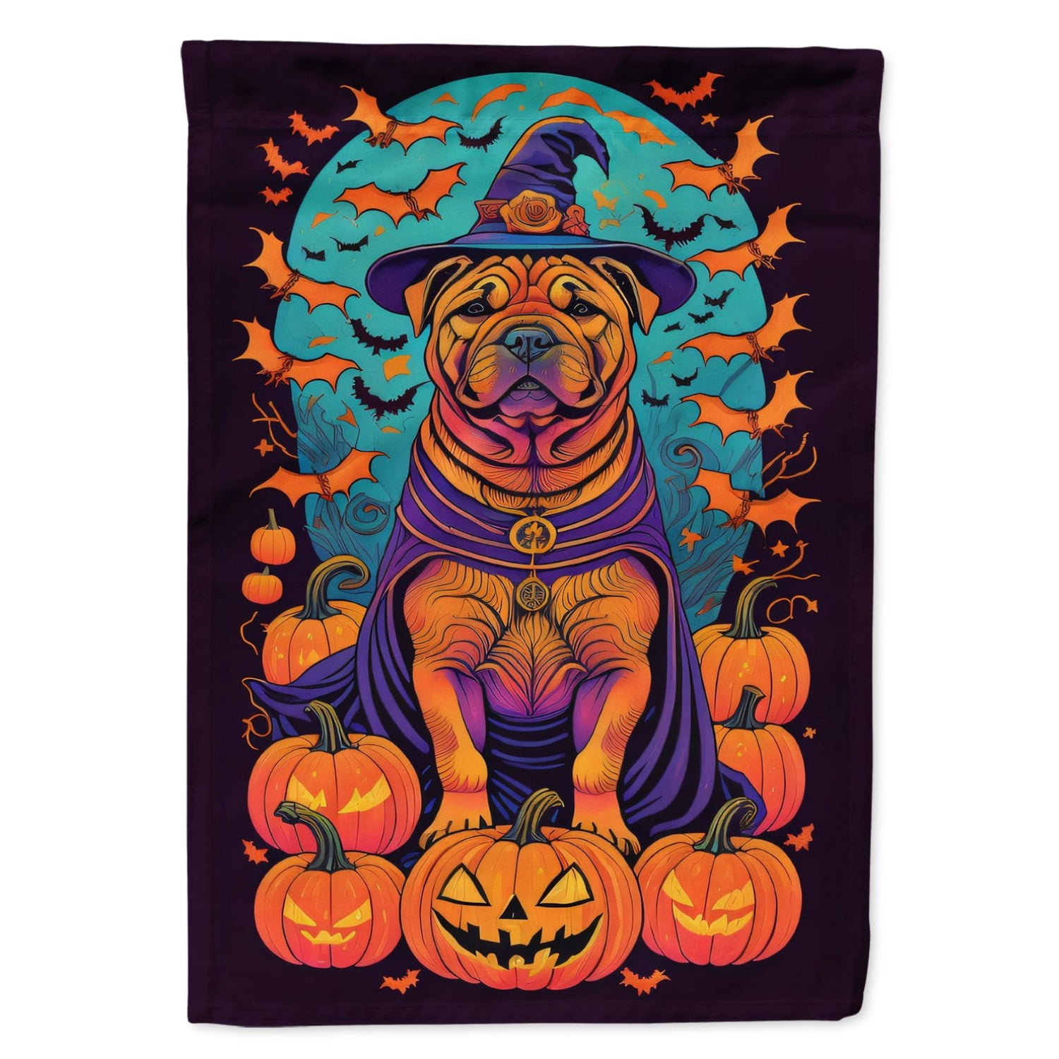 Halloween Shar Pei Dog House Flag 28x40IN Double-Sided Polyester Decorative Sleeve Pole Flag for Outdoor Home Garden