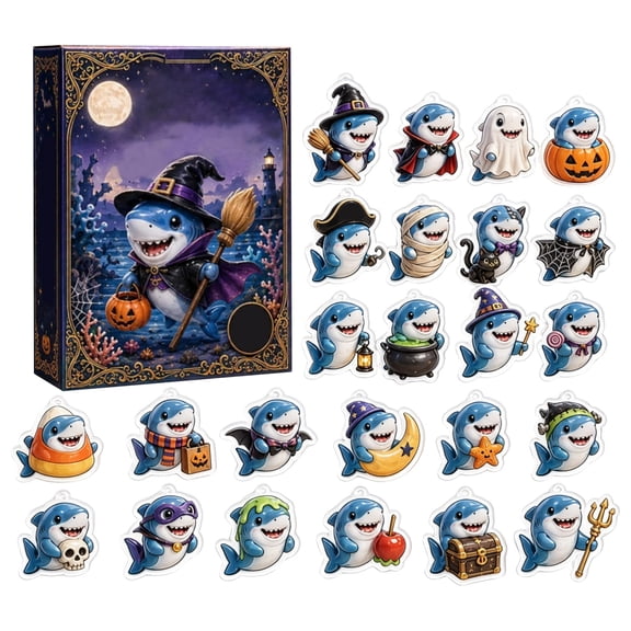 Halloween Shark Countdown Advent Calendar, 24Pcs Cartoon Costume Shark Acrylic Ornaments, Surprise Blind Box Gift for Halloween & Shark Lovers