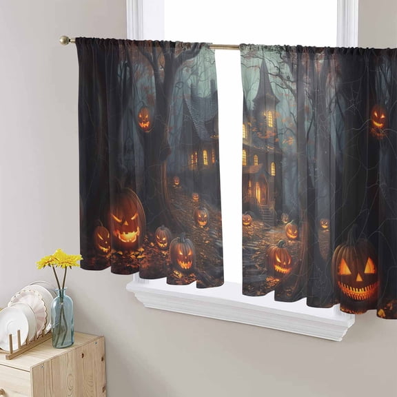 Halloween Sheer Curtains 45 Inch Length 2 Panels Set for Living Room/Bedroom, Castle Forest Pumpkin Vintage Bats Cottage Curtain Sheers Drapes Rod Pocket Curtains Window Treatment Set 52''x45''x2