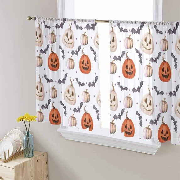 Halloween Sheer Curtains 45 Inch Length 2 Panels Set, Semi Transparent Voile Rod Pocket Curtains for Living Dining Room Bedroom Drapes Fall Pumpkins Halloween Funny Bat White