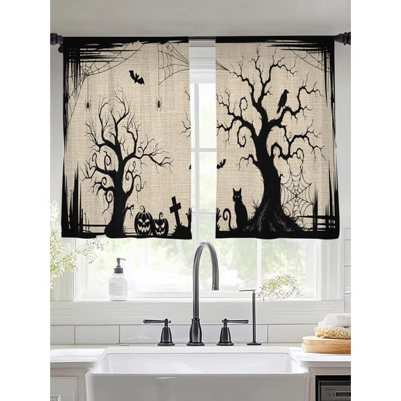 Halloween Sheer Curtains 45 inches Long, Fall Black Cat Goth Tree Silhouette Spiderwebs Linen Texture Light Filtering Sheer Window Curtains Rod Pocket Voile Drapes for Bedroom Living Room, 2 Panels