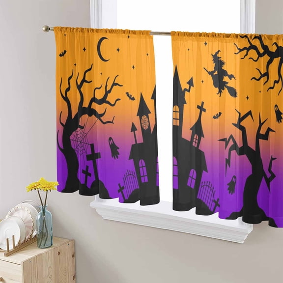 Halloween Sheer Curtains 54 Inches Length 2 Panels Set, Window Sheer Curtains for Living Room/Bedroom, Ghost Castle Bat Witch Gradient Orange Purple Light Filtering Rod Pocket Curtain 52'' x 54'' x 2