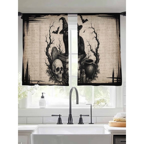 Halloween Sheer Curtains 54 inches Long, Fall Vintage Witch Hat Cat Goth Skull Dark Academia Light Filtering Sheer Window Curtains Rod Pocket Voile Drapes for Bedroom Living Room, 2 Panels