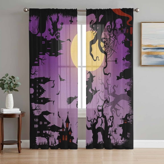 Halloween Sheer Curtains 63 Inch Length 2 Panels Set, Modern Castle Witch Forest Moon Purple Voile Window Treatment Rod Pocket Curtains Sheers Drapes for Bedroom/Living Room/Kitchen 52x"63"x2