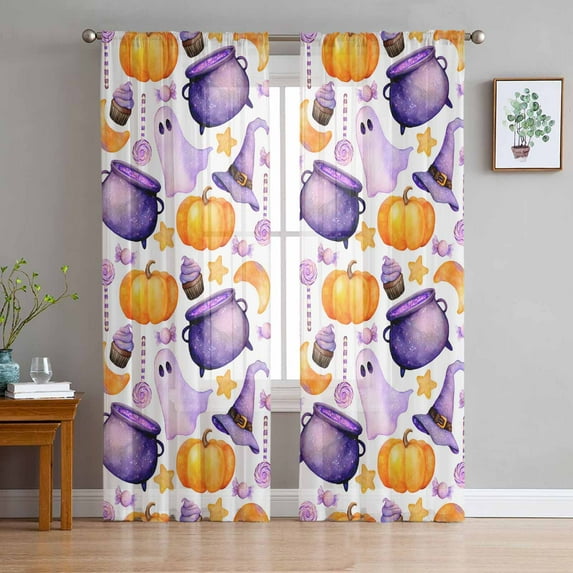 Halloween Sheer Curtains 63 Inch Length 2 Panels Set, Semi Transparent Voile Rod Pocket Curtains for Living Dining Room Bedroom Drapes Purple Magic Hat Stars Pumpkin Candy Ghost