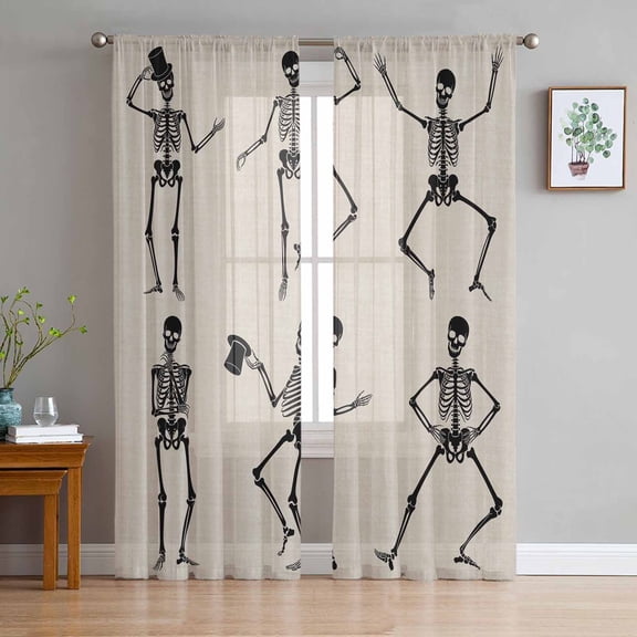 Halloween Sheer Curtains 63 Inch Length 2 Panels Set, Semi Transparent Voile Rod Pocket Curtains for Living Dining Room Bedroom Drapes Retro Style Skull Skeleton Monochrome