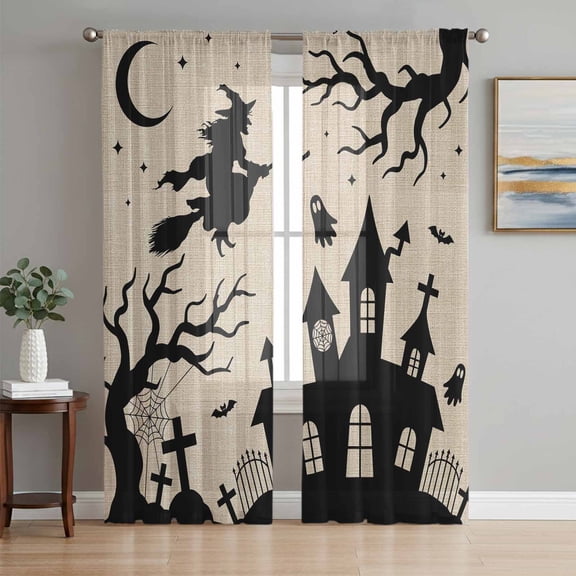 Halloween Sheer Curtains 72 Inch Length 2 Panels Set, Horror Spooky Witch Bats Haunted-House Beige Voile Window Treatment Rod Pocket Curtains Sheers Drapes for Bedroom/Living Room/Kitchen 52"x72"x2
