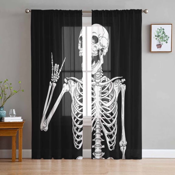 Halloween Sheer Curtains 72 Inches Long 2 Panels Set, Window Sheer Curtains for Living Room/Bedroom, Black Scary Skull White Skeleton Vintage Light Filtering Rod Pocket Curtain 52'' x 72'' x 2