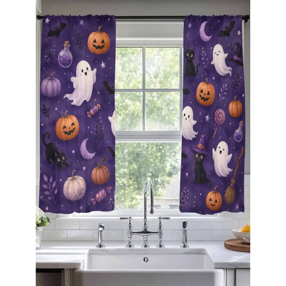 Halloween Sheer Curtains 72 inches Long, Purple Mystery Floating Ghosts Pumpkins Cat Moon Stars Light Filtering Sheer Window Curtains Rod Pocket Voile Drapes for Bedroom Living Room, 2 Panels