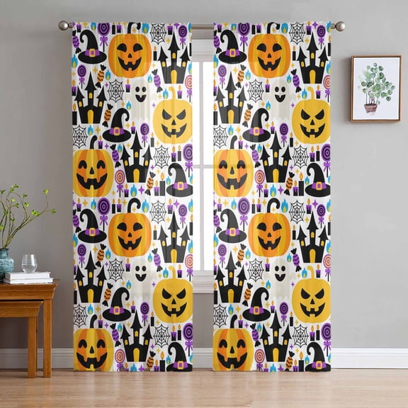 Halloween Sheer Curtains 84 Inches Long 2 Panels Set, Window Sheer Curtains for Living Room/Bedroom, Cute Ghost Pumpkin Candy Castle Cartoon Light Filtering Rod Pocket Curtain 52'' x 84'' x 2