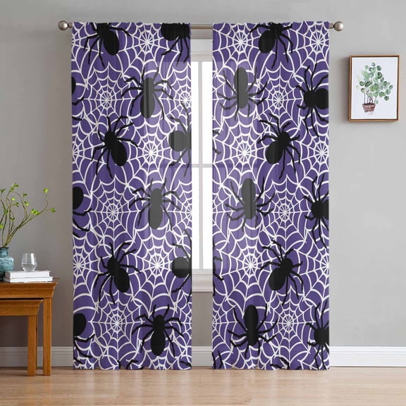 Halloween Sheer Curtains 84 Inches Long 2 Panels Set, Window Sheer Curtains for Living Room/Bedroom, Fall Black Spiderwebs Halloween Purple Webs Light Filtering Rod Pocket Curtain 52'' x 84'' x 2