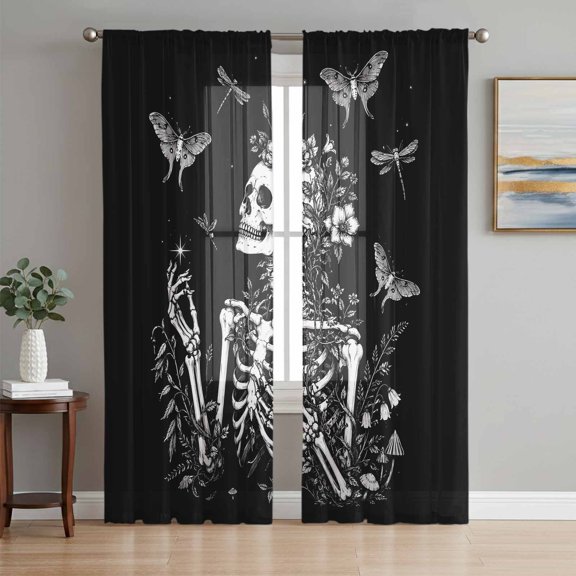 Halloween Sheer Curtains 96 Inch Length 2 Panels Set, Horror Skeleton Skull Butterfly Floral Black Voile Window Treatment Semi Sheer Long Curtains Drapes for Bedroom/Living Room/Kitchen 52"x96"x2