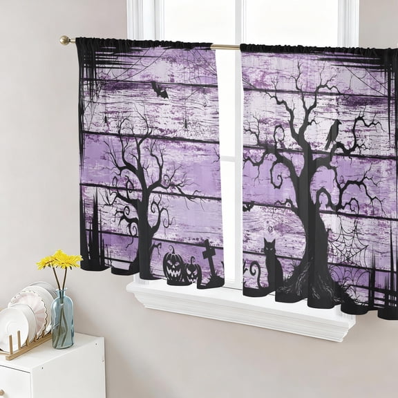 Halloween Sheer Curtains for Living Room Bedroom, Black Cat Goth Tree Silhouette Spiderwebs Purple Wood Grain Light Filtering Sheer Curtain Rod Pocket Voile Window Treaments Drapes, 52 x 45 Inches
