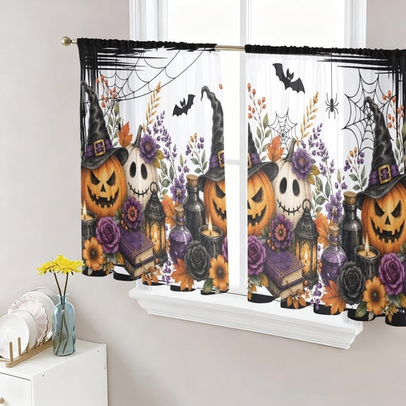 Halloween Sheer Curtains for Living Room Bedroom, Fall Fantasy Ghosts Witch Hat Pumpkin Goth Shabby Chic Light Filtering Sheer Curtain Rod Pocket Voile Window Treaments Drapes, 52 x 45 Inches