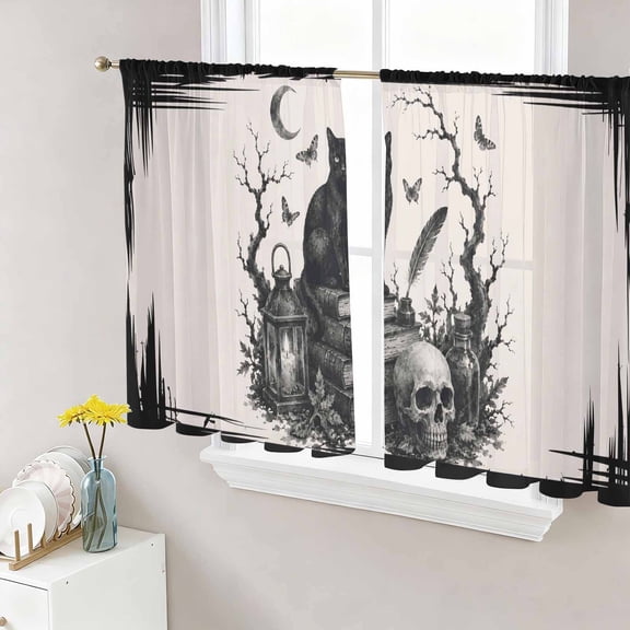 Halloween Sheer Curtains for Living Room Bedroom, Ink Black Cat Goth Skull Dark Academia Mystical Study Light Filtering Sheer Curtain Rod Pocket Voile Window Treaments Drapes, 52 x 54 Inches