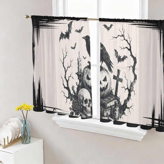 Halloween Sheer Curtains for Living Room Bedroom, Perched Black Ravens Pumpkin Goth Graveyard Skull Bats Light Filtering Sheer Curtain Rod Pocket Voile Window Treaments Drapes, 52 x 54 Inches
