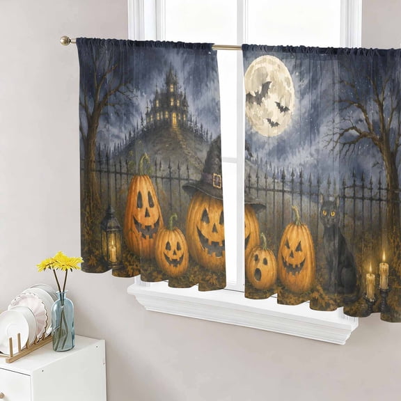 Halloween Sheer Curtains for Living Room Bedroom, Vintage Pumpkin Black Cat Moon Goth Haunted Castle Rustic Light Filtering Sheer Curtain Rod Pocket Voile Window Treaments Drapes, 52 x 45 Inches