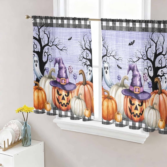 Halloween Sheer Curtains for Living Room Bedroom, Vintage Pumpkin Goth White Ghost Gingham Country Tree Purple Light Filtering Sheer Curtain Rod Pocket Voile Window Treaments Drapes, 52 x 45 Inches